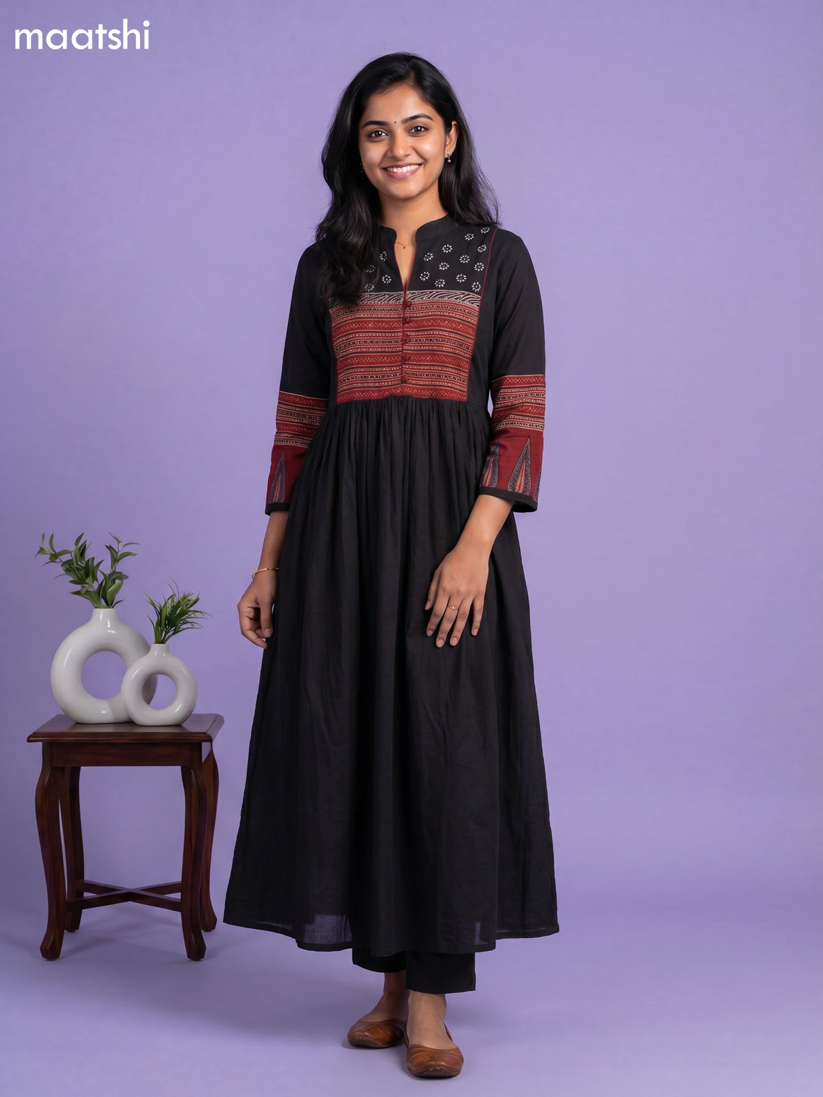 Black Cotton Embroidery Work Anarkali Kurti