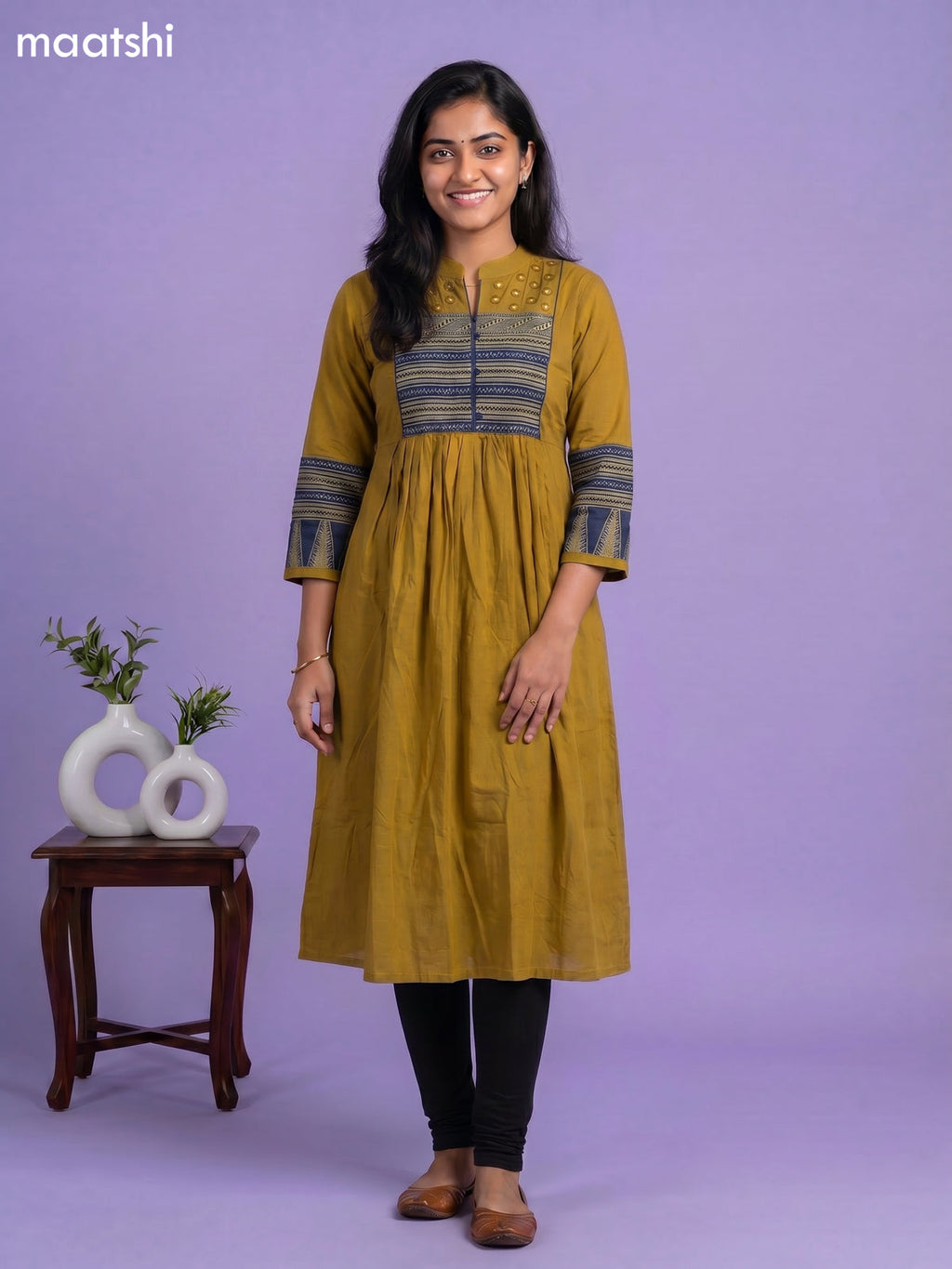 Mustard Yellow Cotton Embroidery Work Anarkali Kurti