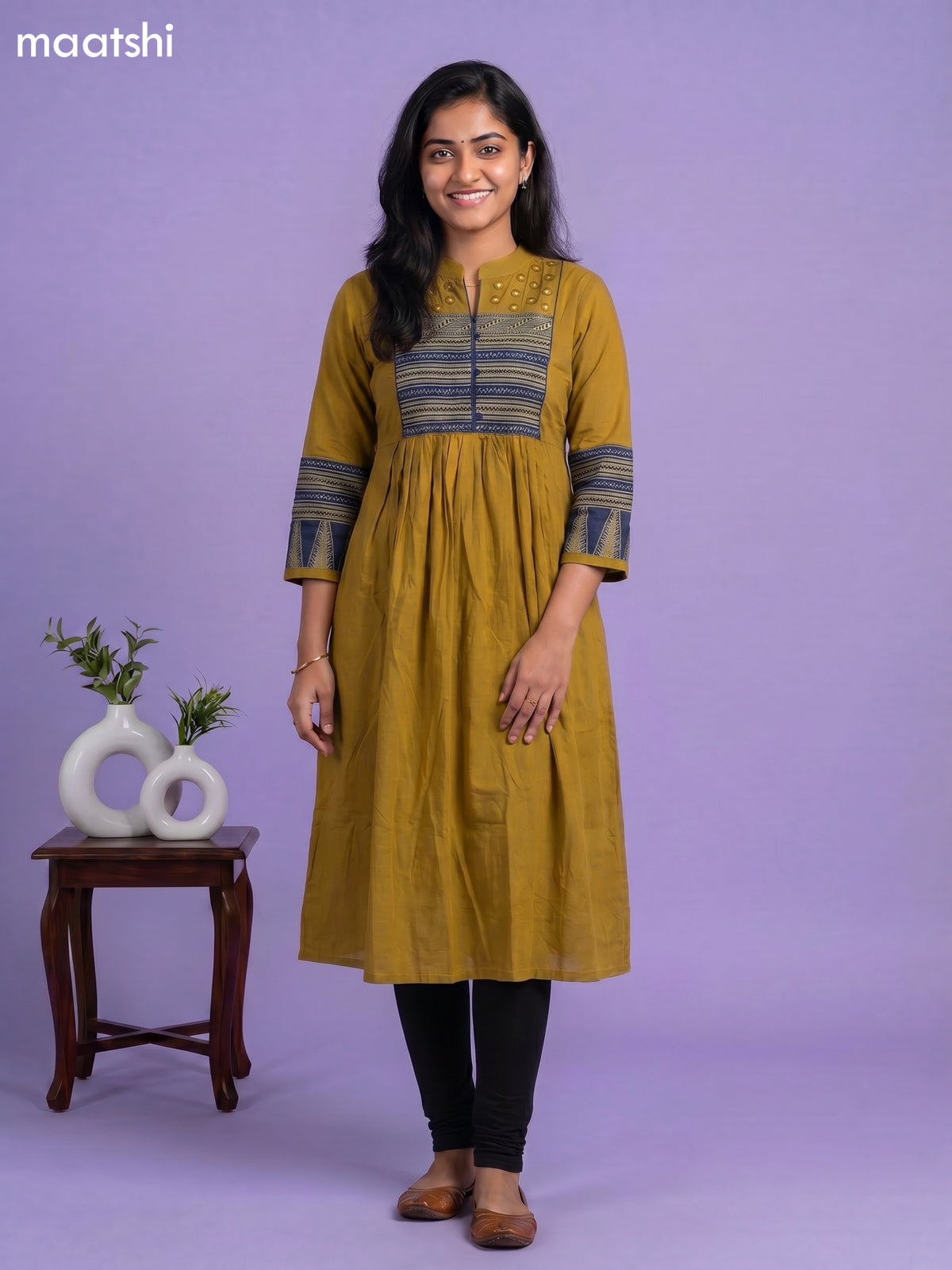 Mustard Yellow Cotton Embroidery Work Anarkali Kurti