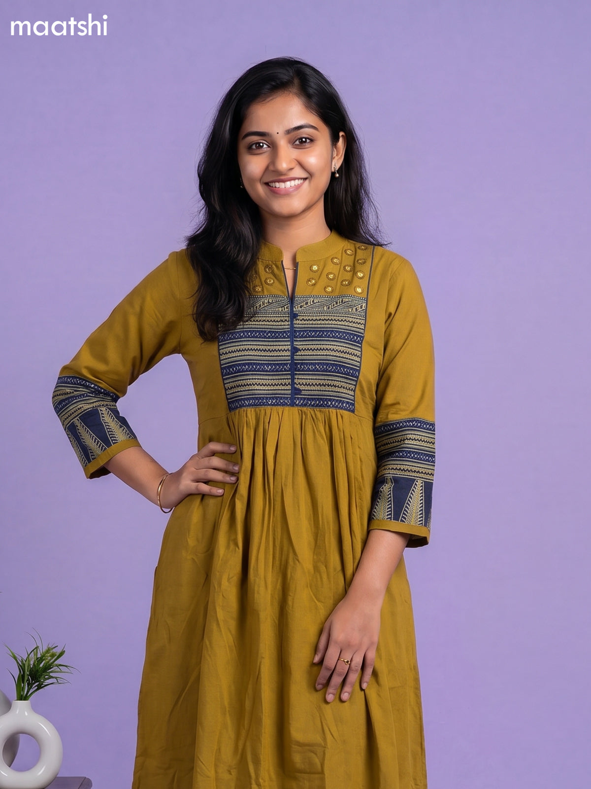 Mustard Yellow Cotton Embroidery Work Anarkali Kurti