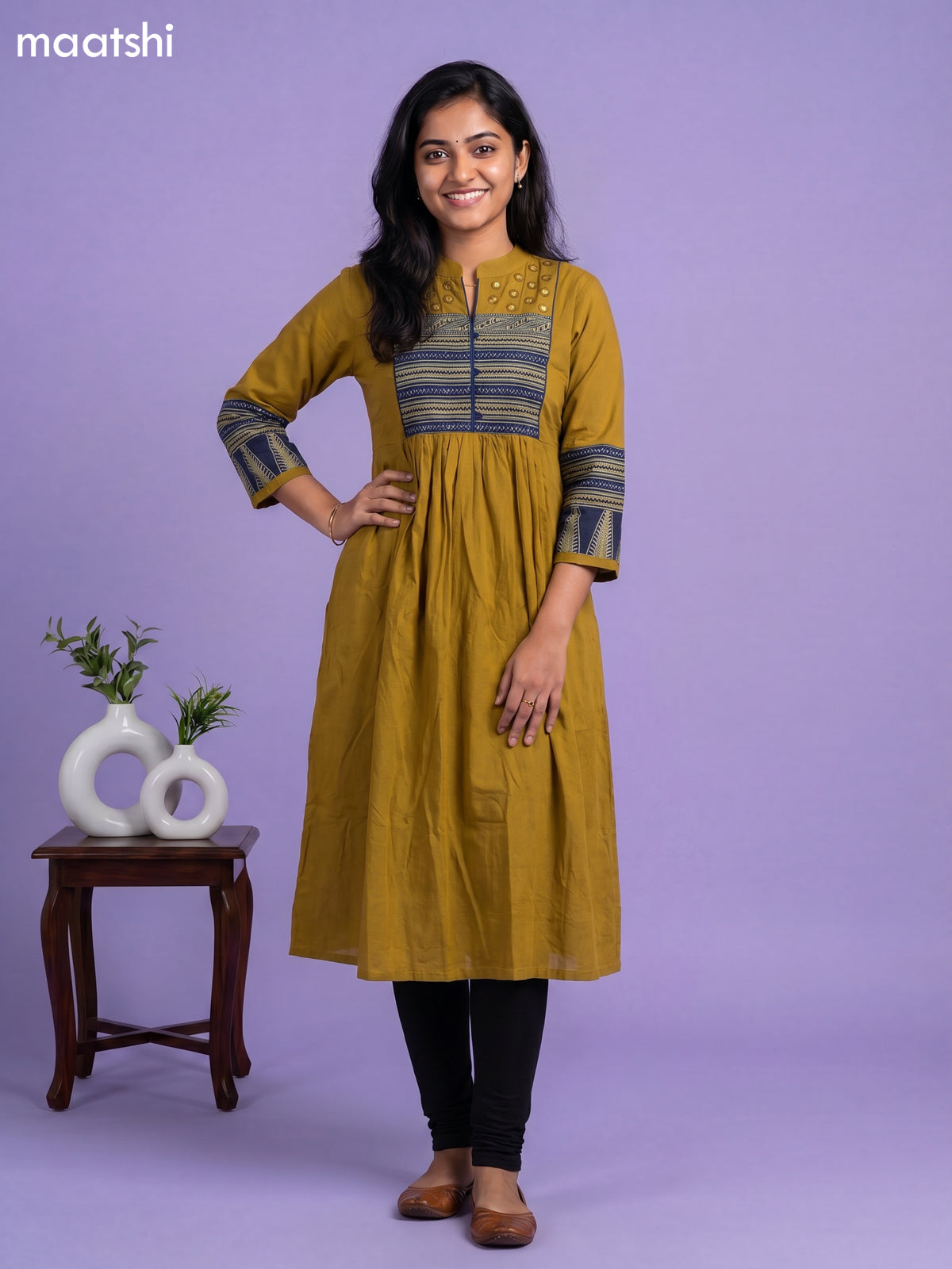 Mustard Yellow Cotton Embroidery Work Anarkali Kurti