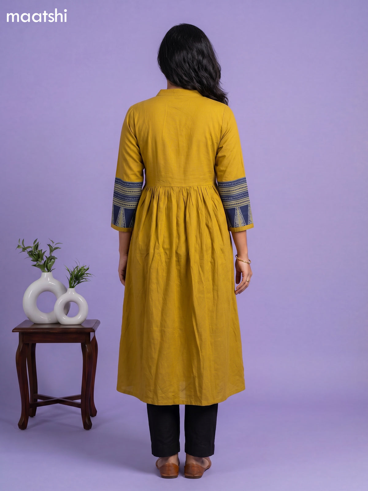 Mustard Yellow Cotton Embroidery Work Anarkali Kurti