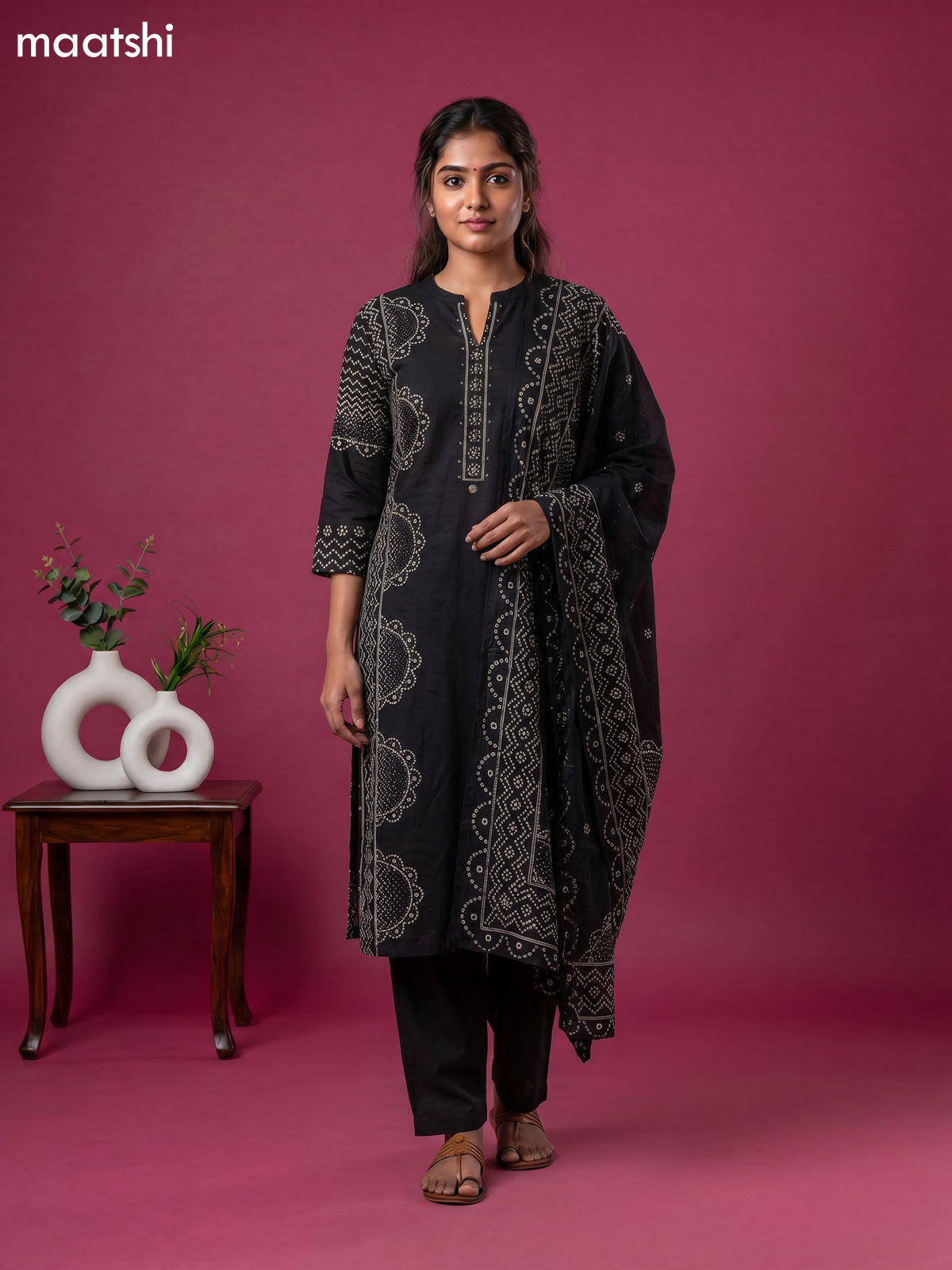 Black Cotton Bandhani Printed Straight Suit