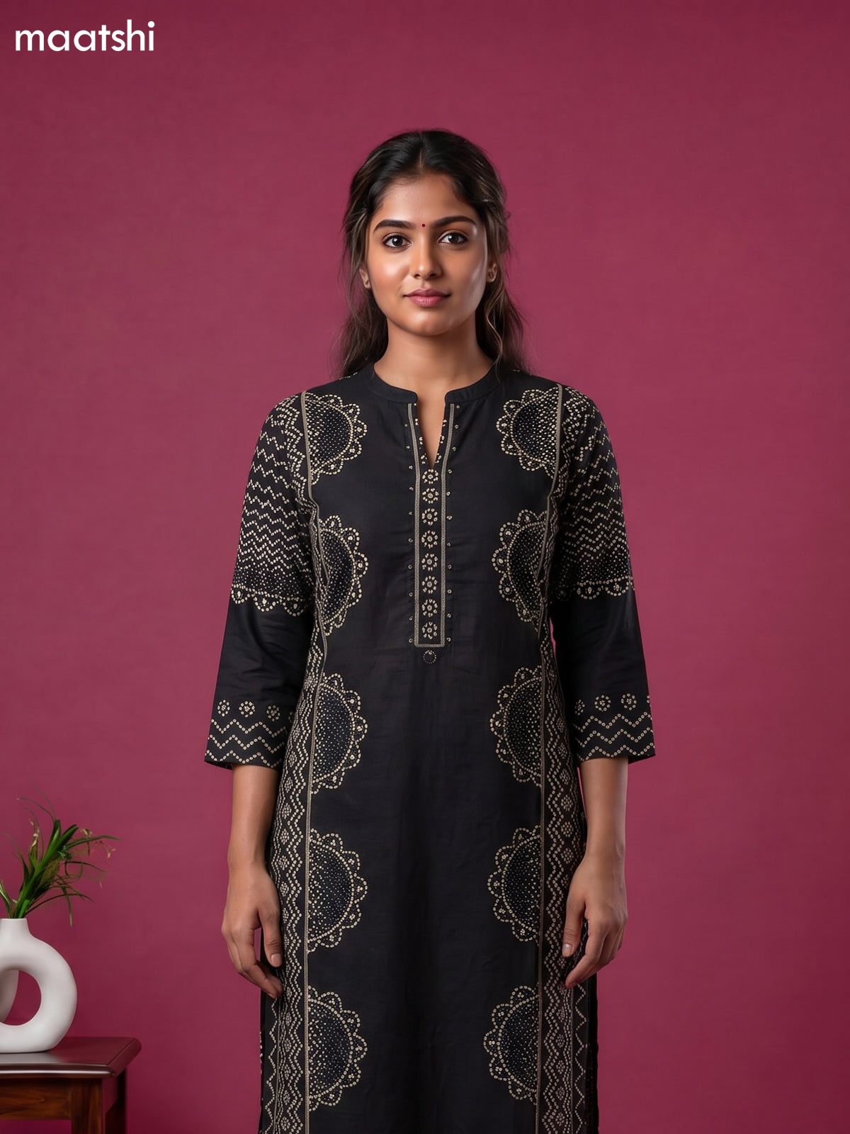 Black Cotton Bandhani Printed Straight Suit