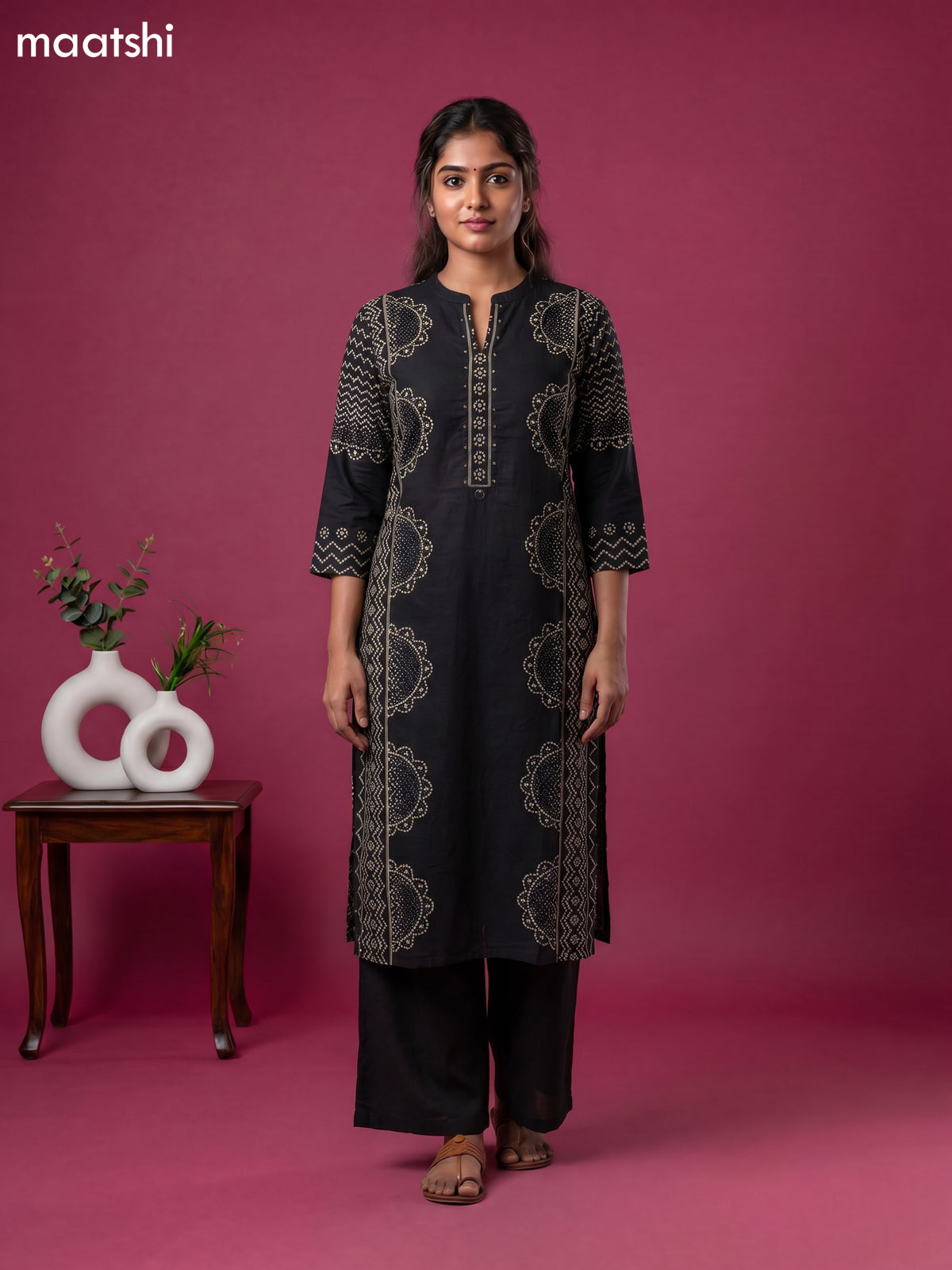 Black Cotton Bandhani Printed Straight Suit