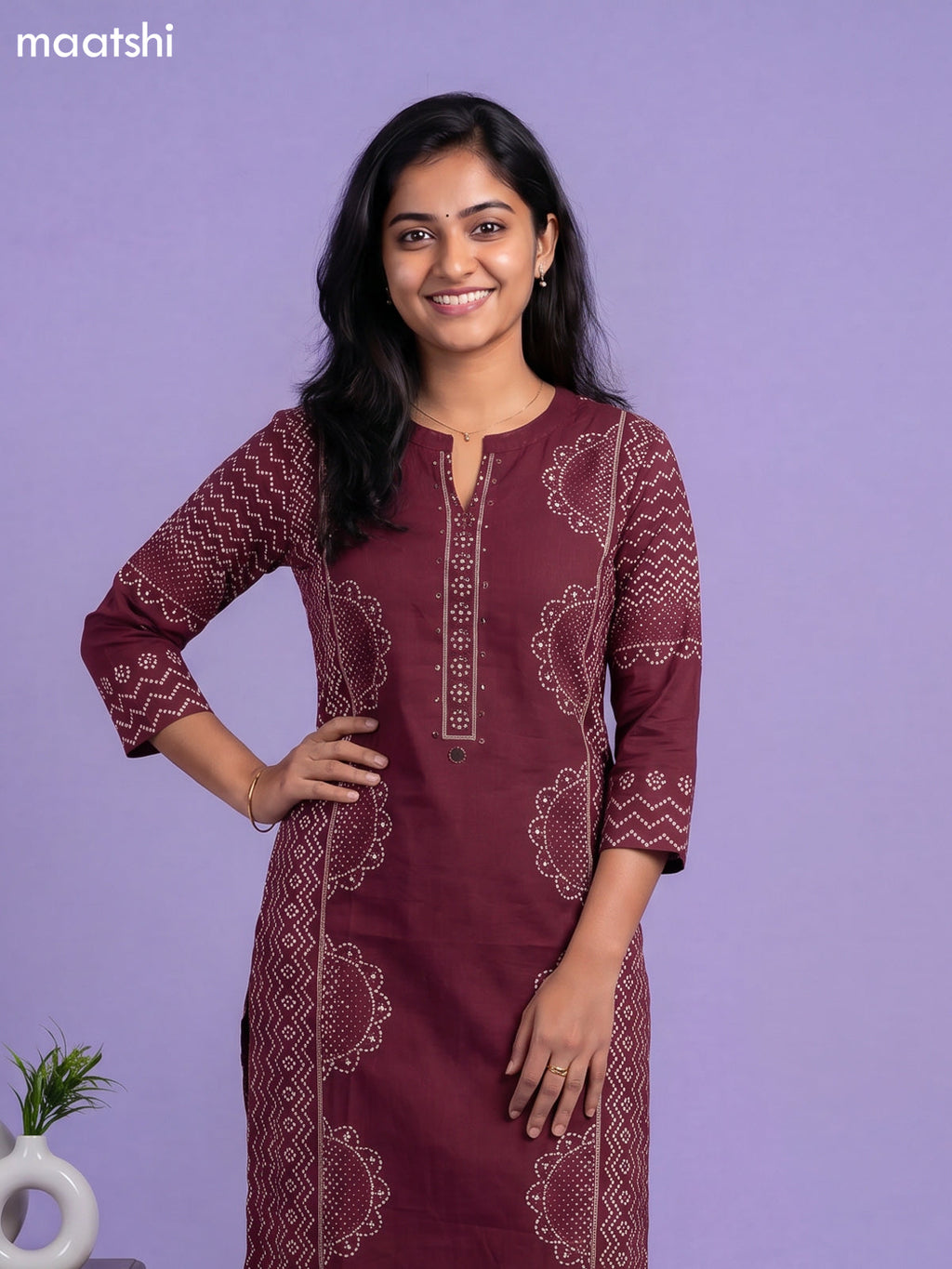 Wine Cotton Bandhani Printed Straight Suit