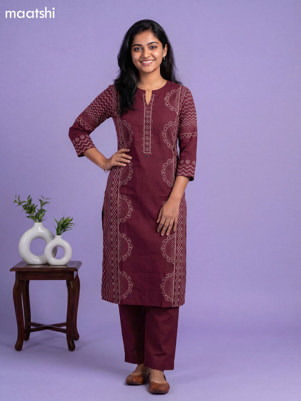Wine Cotton Bandhani Printed Straight Suit