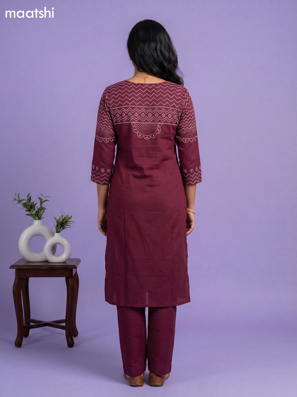 Wine Cotton Bandhani Printed Straight Suit