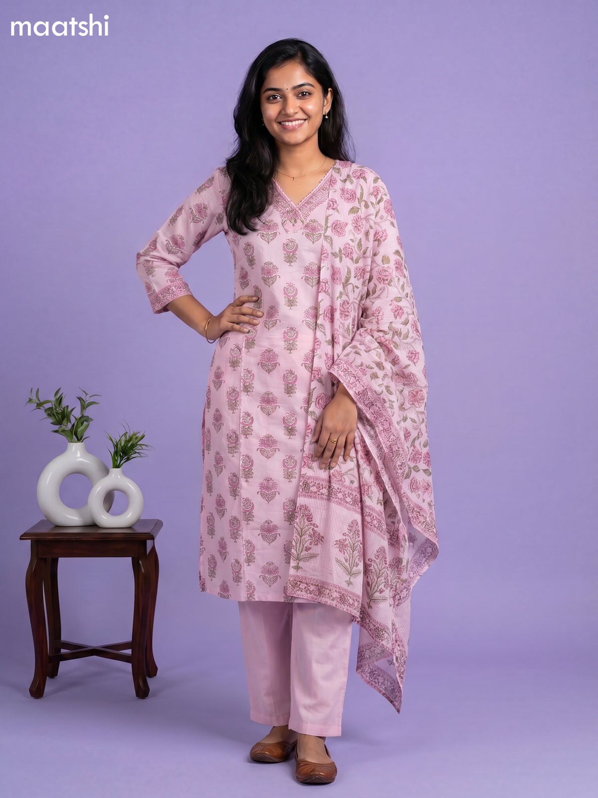 Baby Pink Cotton Printed Straight Suit