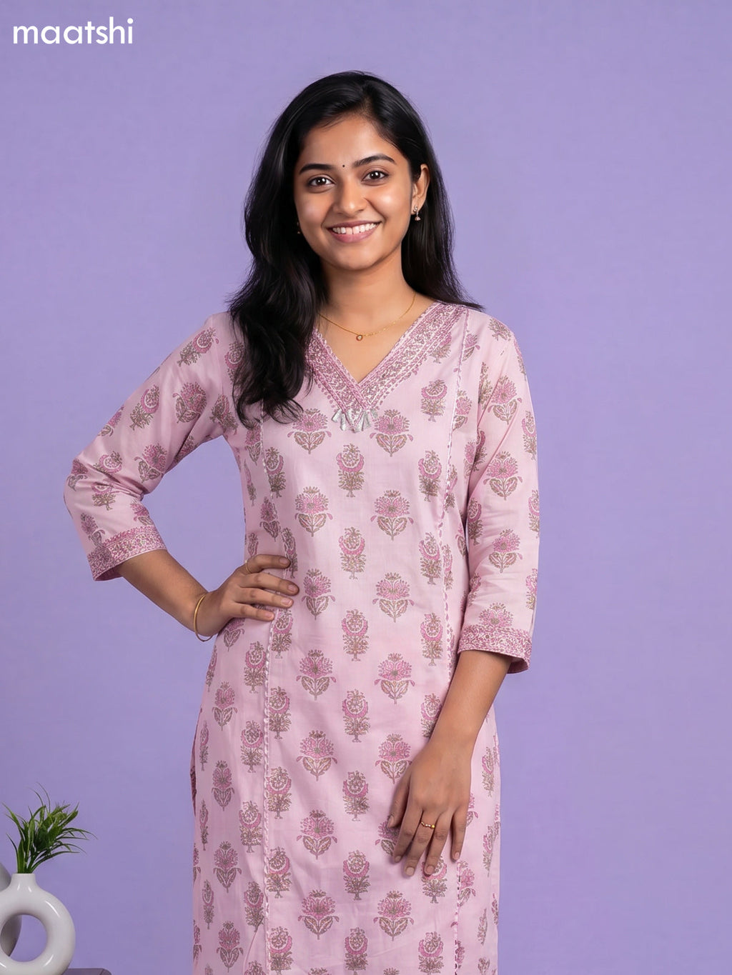 Baby Pink Cotton Printed Straight Suit