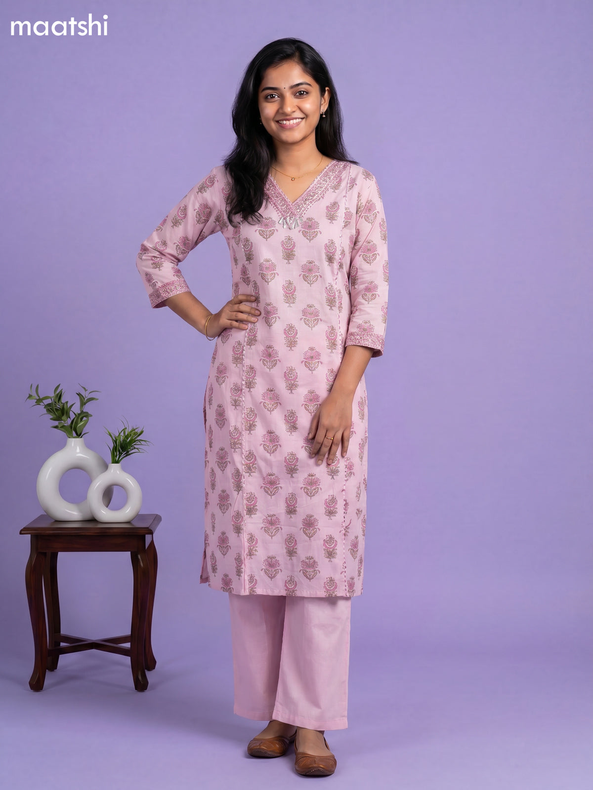 Baby Pink Cotton Printed Straight Suit