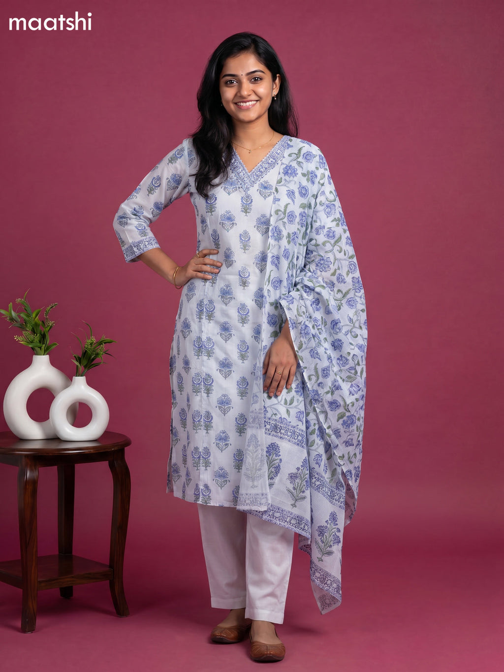 Greyish Blue Cotton Printed Straight Suit