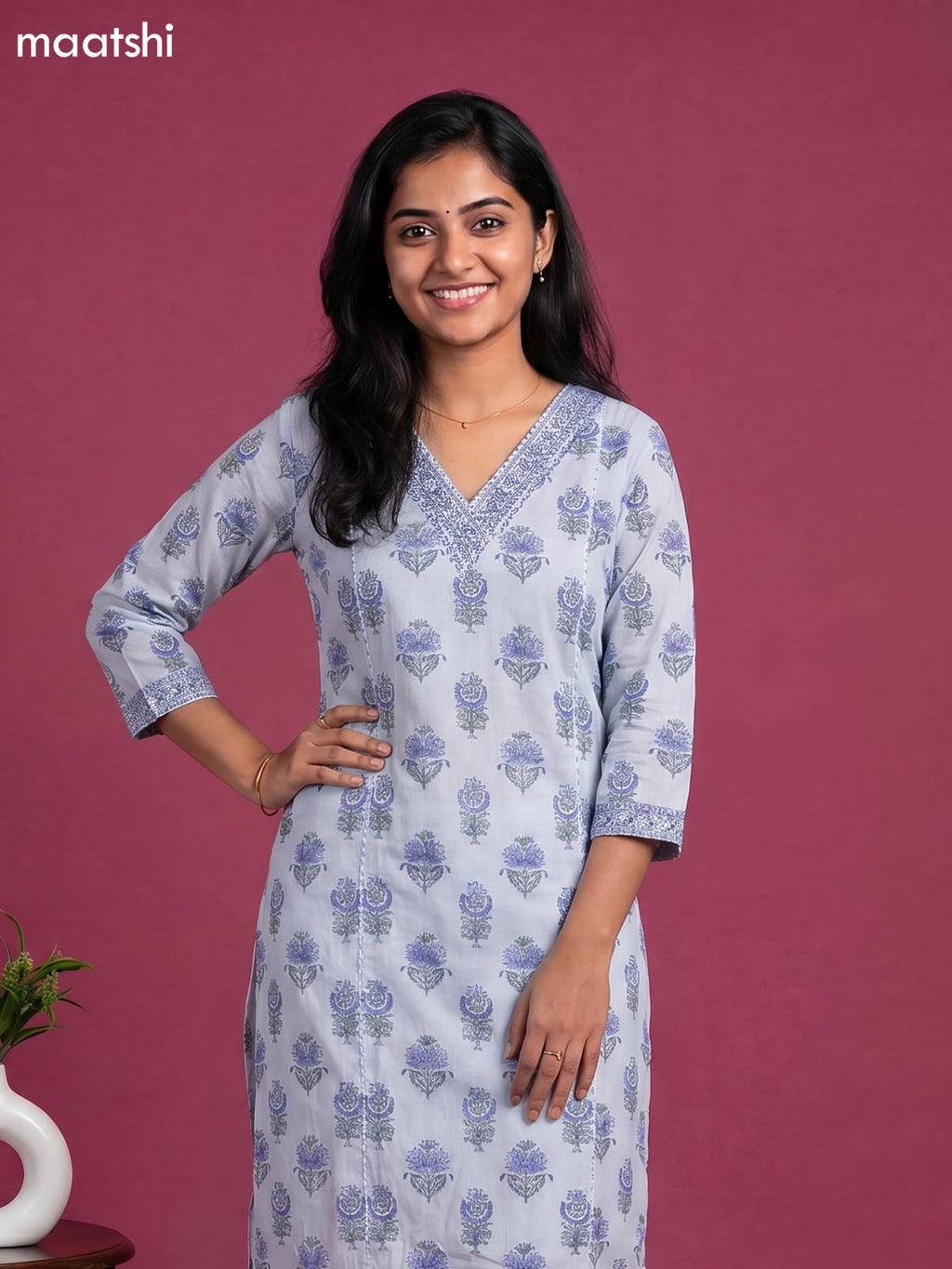 Greyish Blue Cotton Printed Straight Suit
