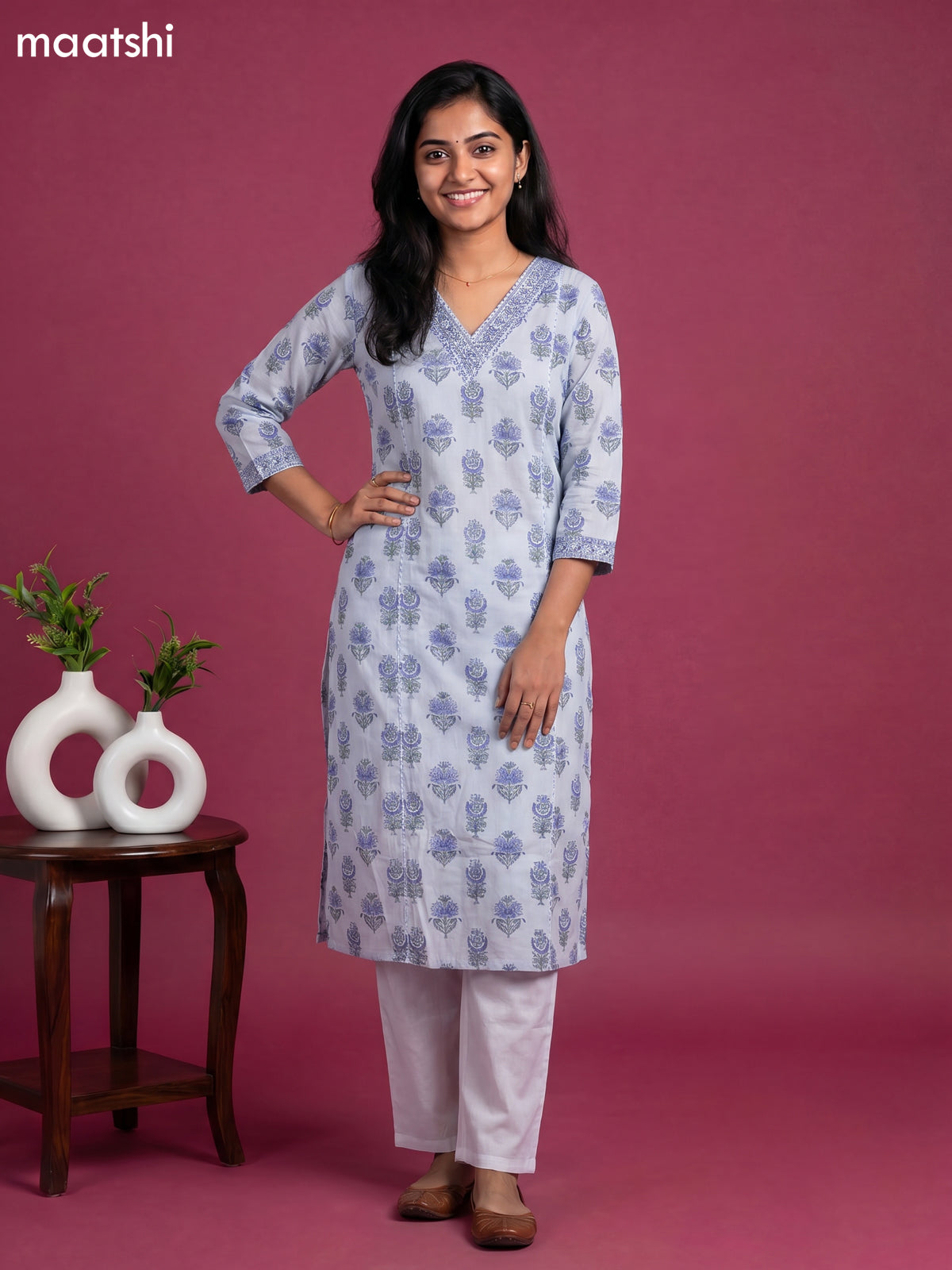 Greyish Blue Cotton Printed Straight Suit