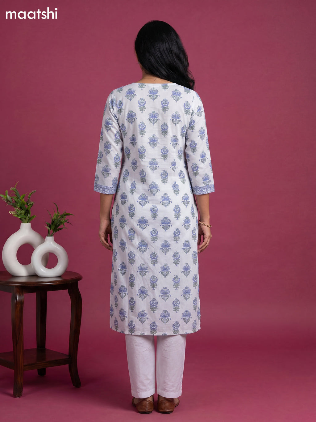 Greyish Blue Cotton Printed Straight Suit