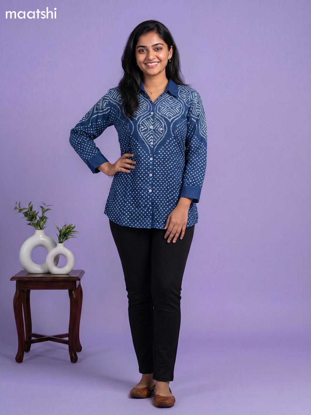 Peacock Blue and White Crepe Silk With Bandhani Printed Women Shirt
