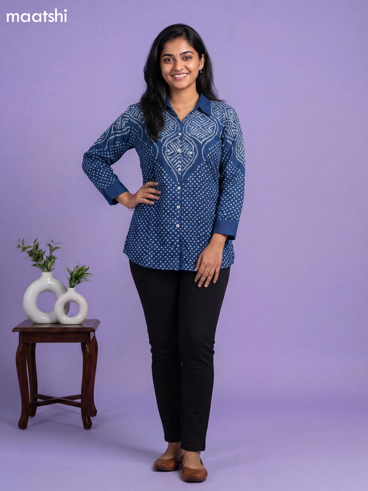 Peacock Blue and White Crepe Silk With Bandhani Printed Women Shirt
