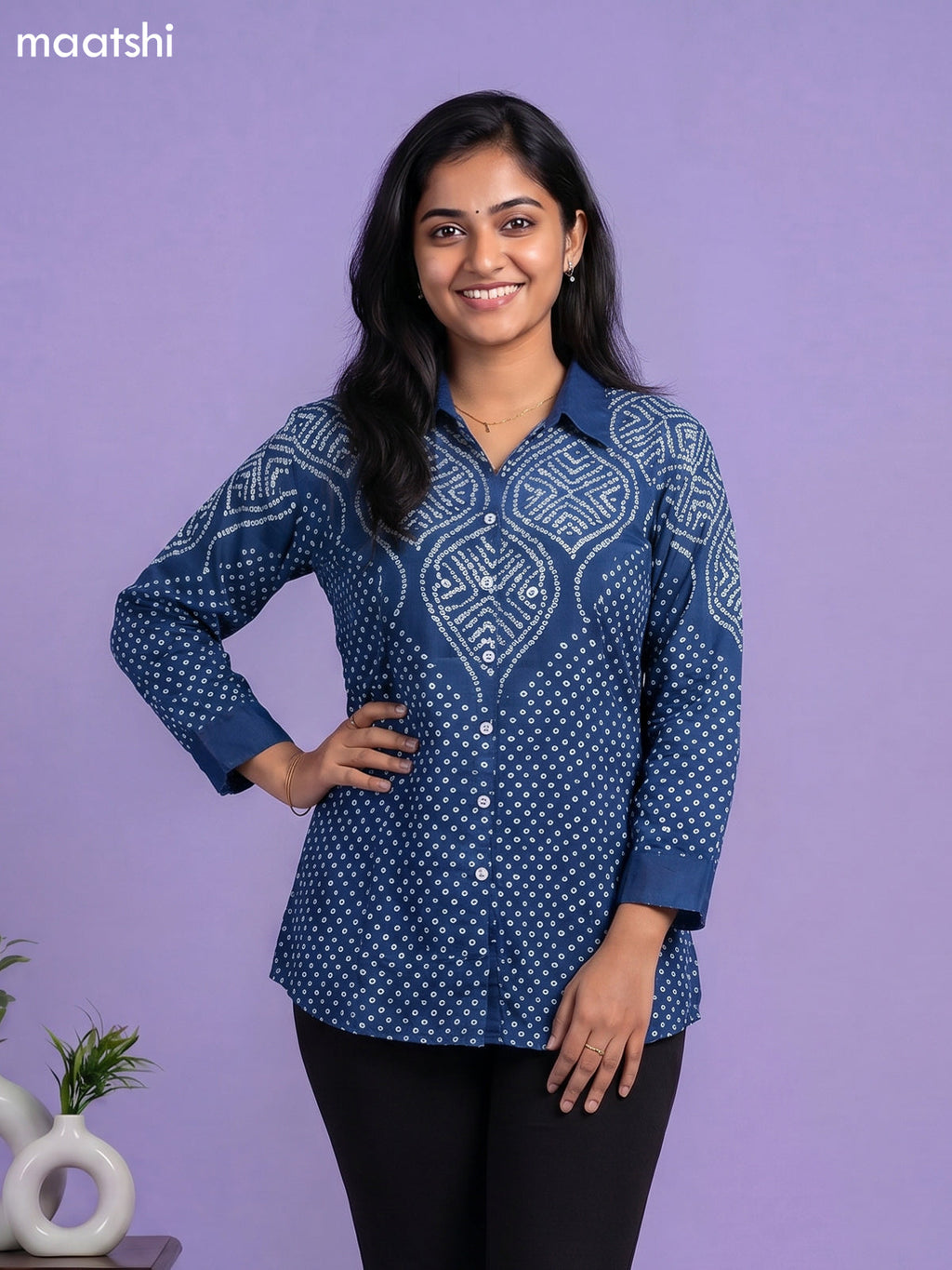 Peacock Blue and White Crepe Silk With Bandhani Printed Women Shirt