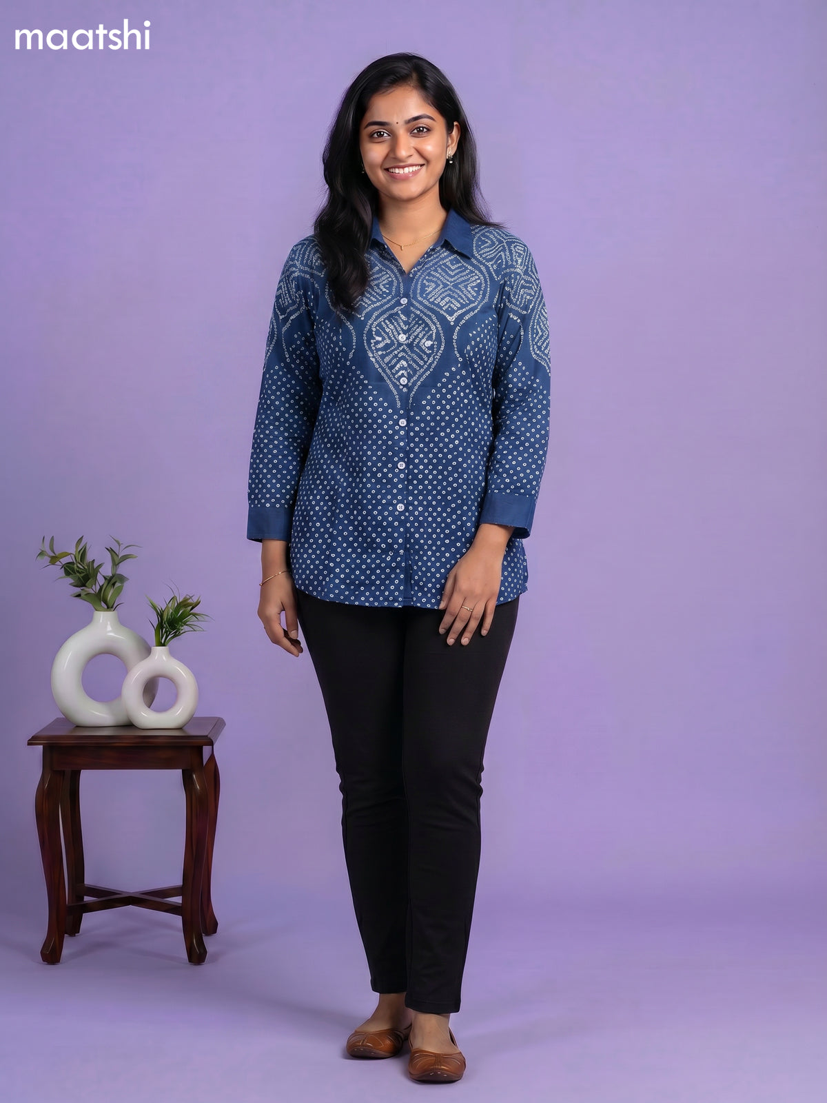 Peacock Blue and White Crepe Silk With Bandhani Printed Women Shirt