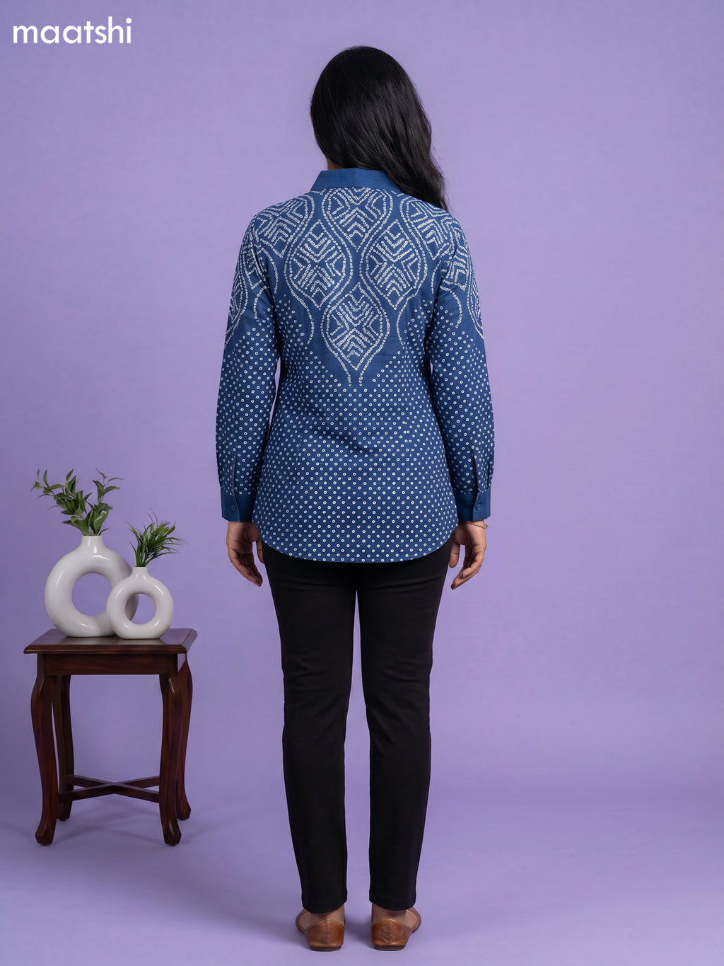 Peacock Blue and White Crepe Silk With Bandhani Printed Women Shirt