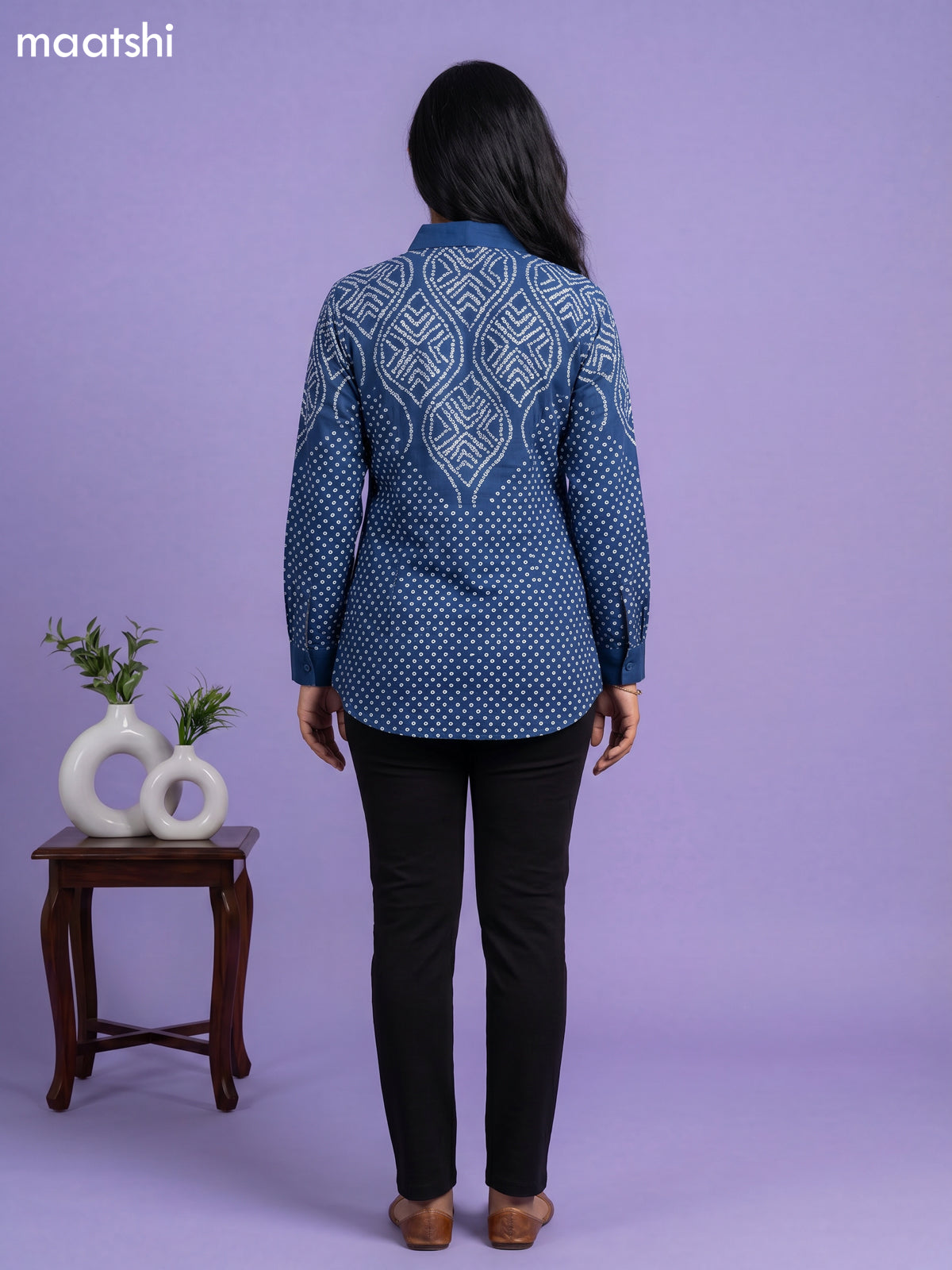 Peacock Blue and White Crepe Silk With Bandhani Printed Women Shirt