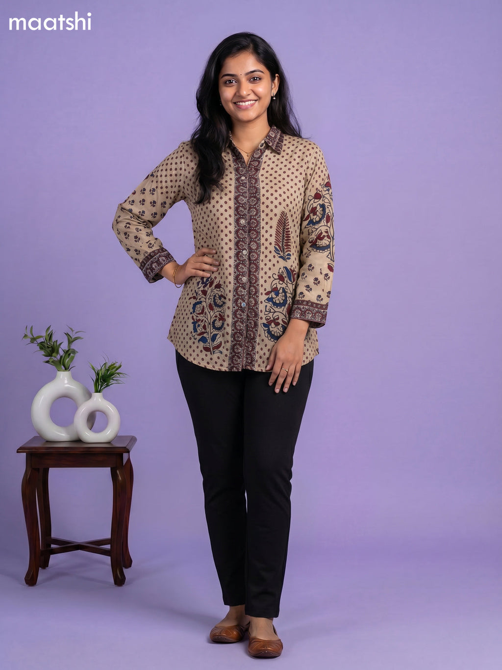 Beige and Multi Colour Crepe Silk Ajrakh Women Shirt