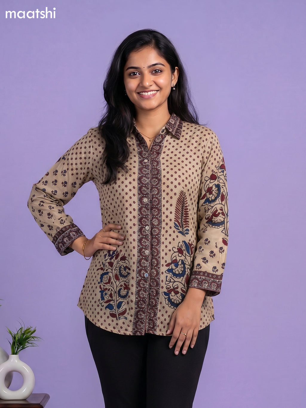 Beige and Multi Colour Crepe Silk Ajrakh Women Shirt