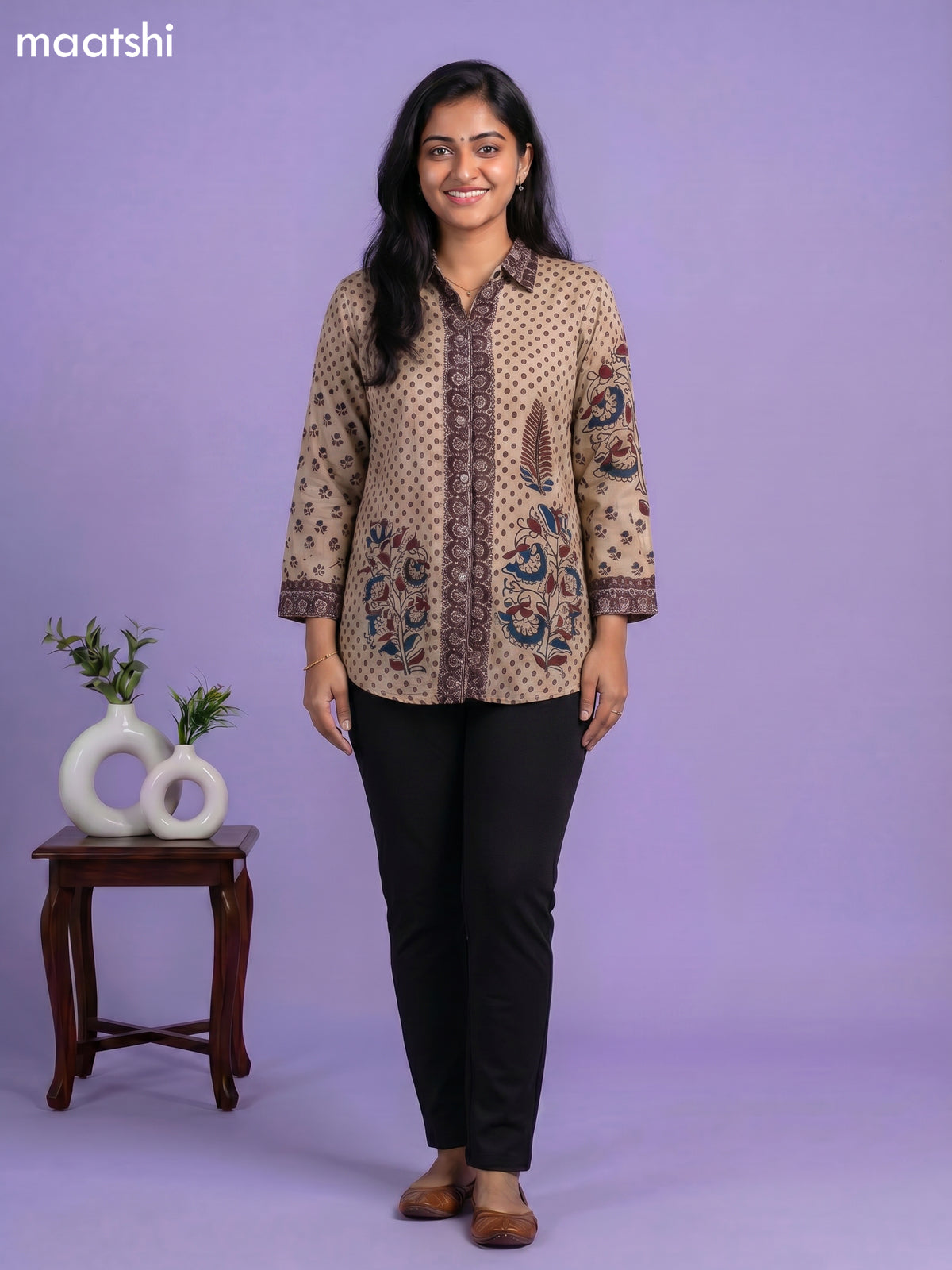 Beige and Multi Colour Crepe Silk Ajrakh Women Shirt