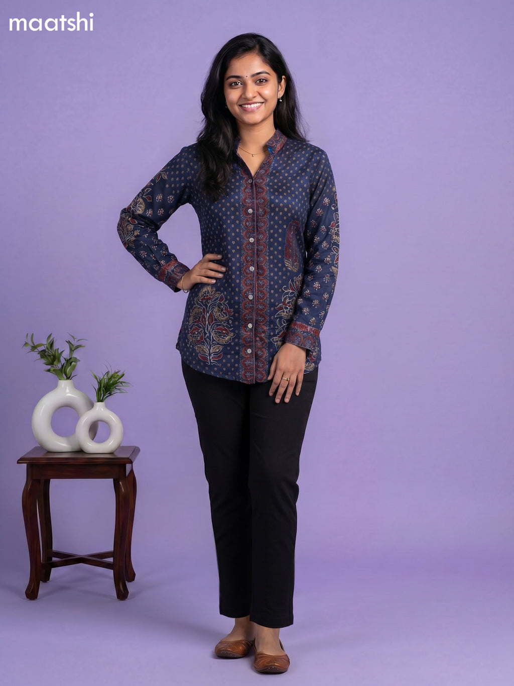 Dark Blur and Multi Colour Crepe Silk Ajrakh Women Shirt