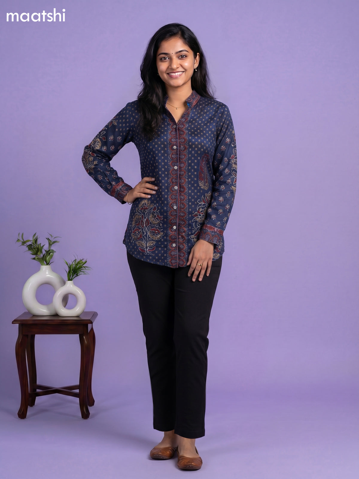 Dark Blur and Multi Colour Crepe Silk Ajrakh Women Shirt