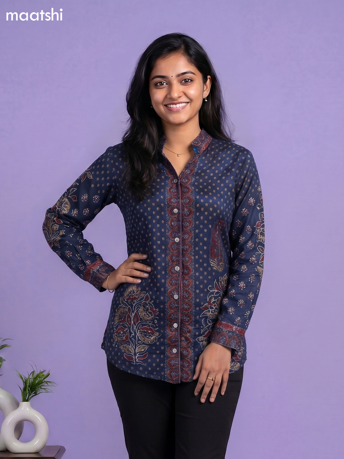 Dark Blur and Multi Colour Crepe Silk Ajrakh Women Shirt