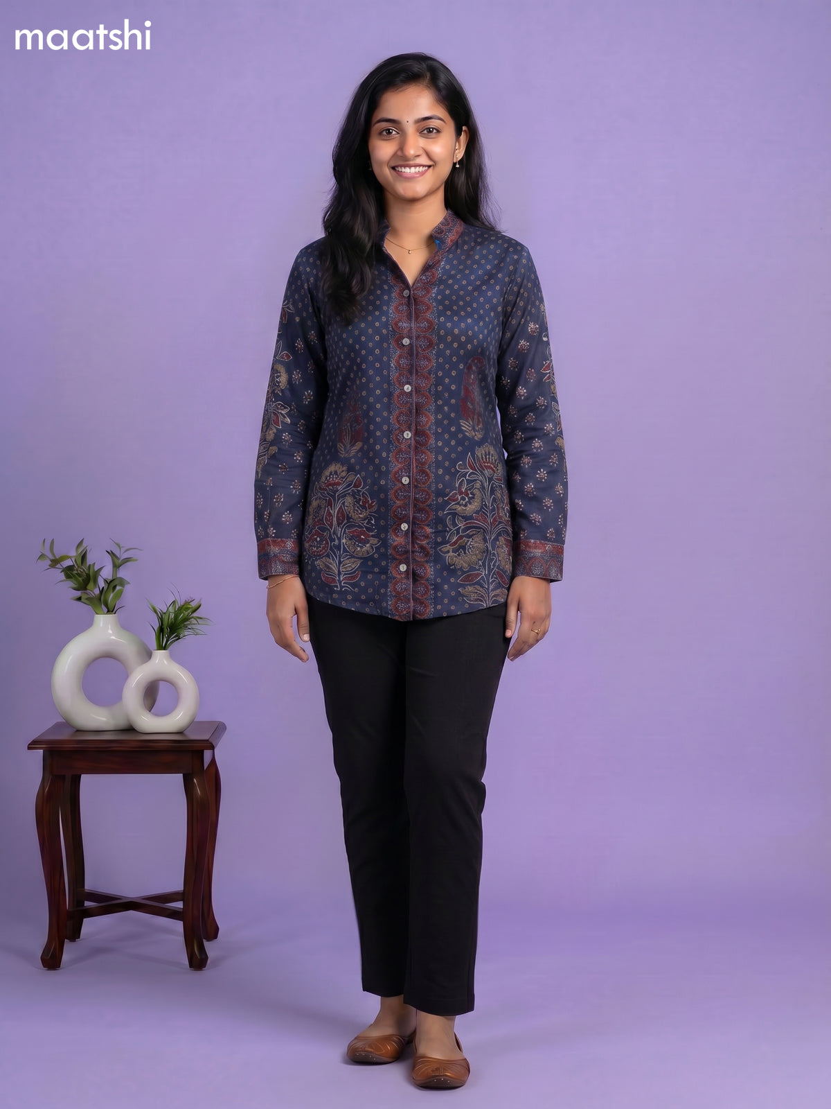 Dark Blur and Multi Colour Crepe Silk Ajrakh Women Shirt