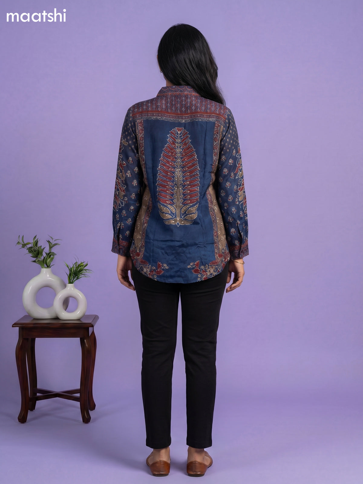 Dark Blur and Multi Colour Crepe Silk Ajrakh Women Shirt