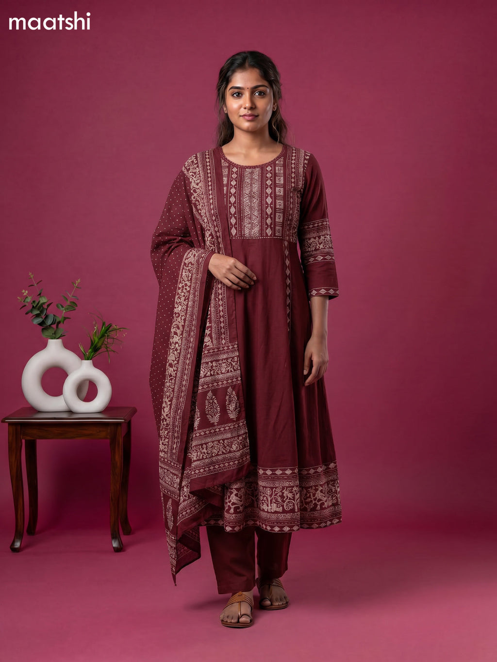 Maroon Cotton Printed & Embroidery Work Anarkali Suit