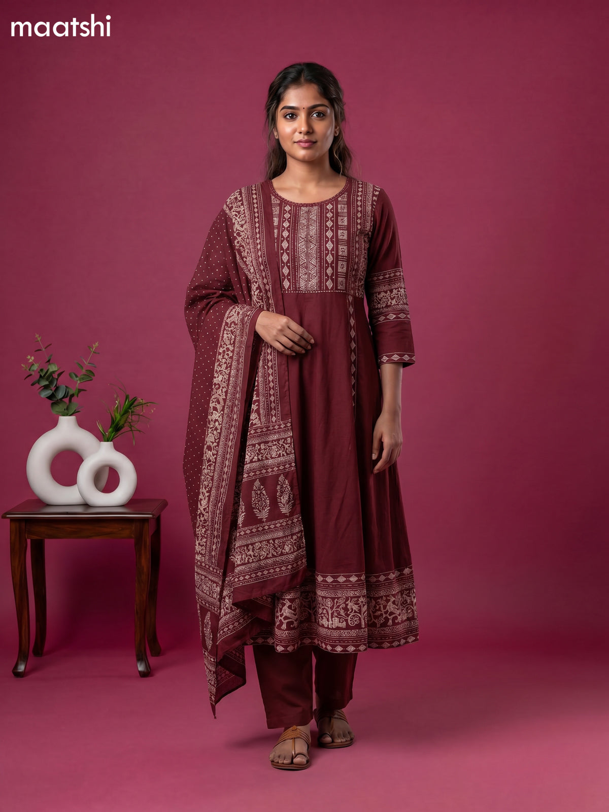 Maroon Cotton Printed & Embroidery Work Anarkali Suit
