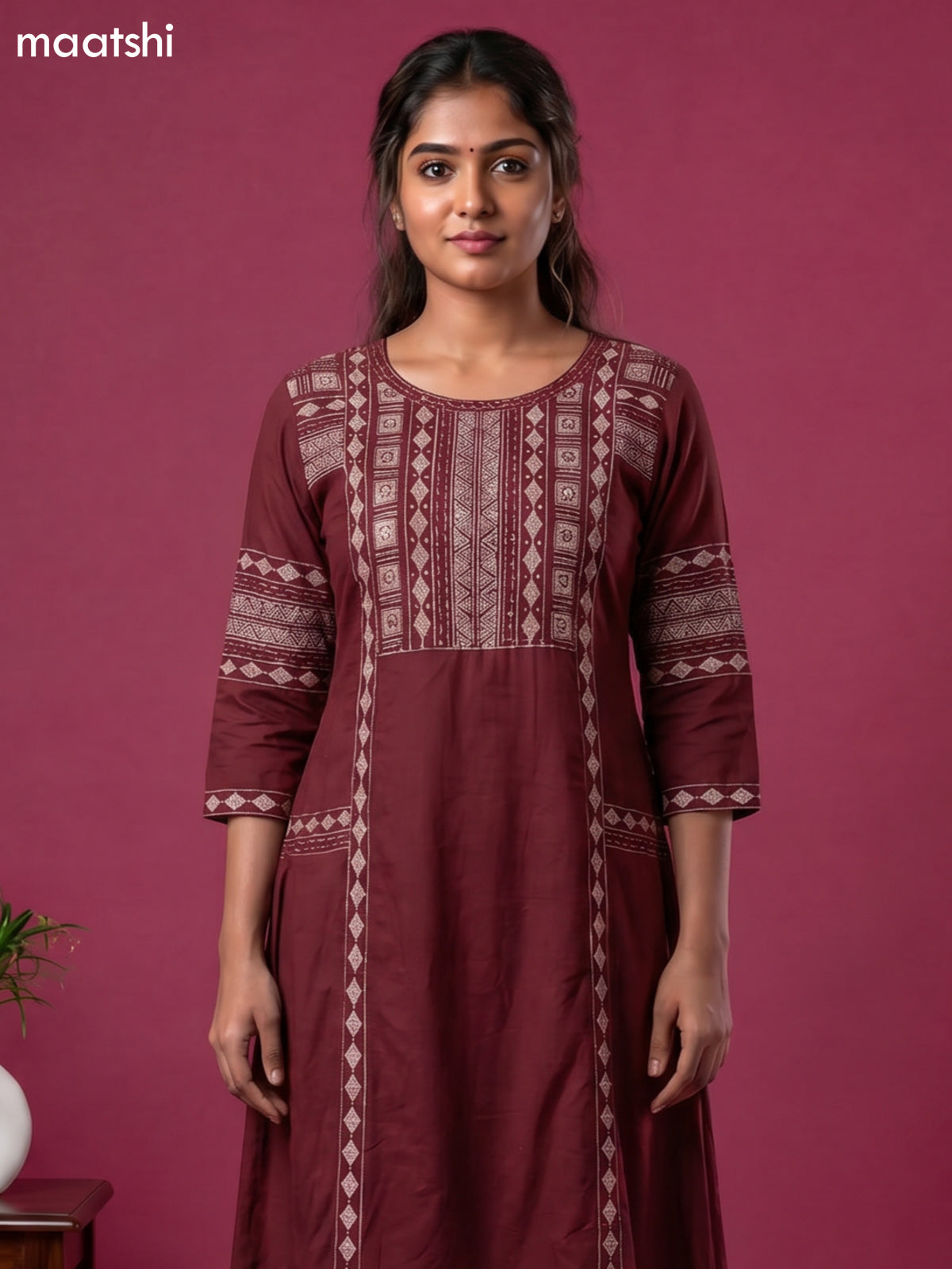 Maroon Cotton Printed & Embroidery Work Anarkali Suit