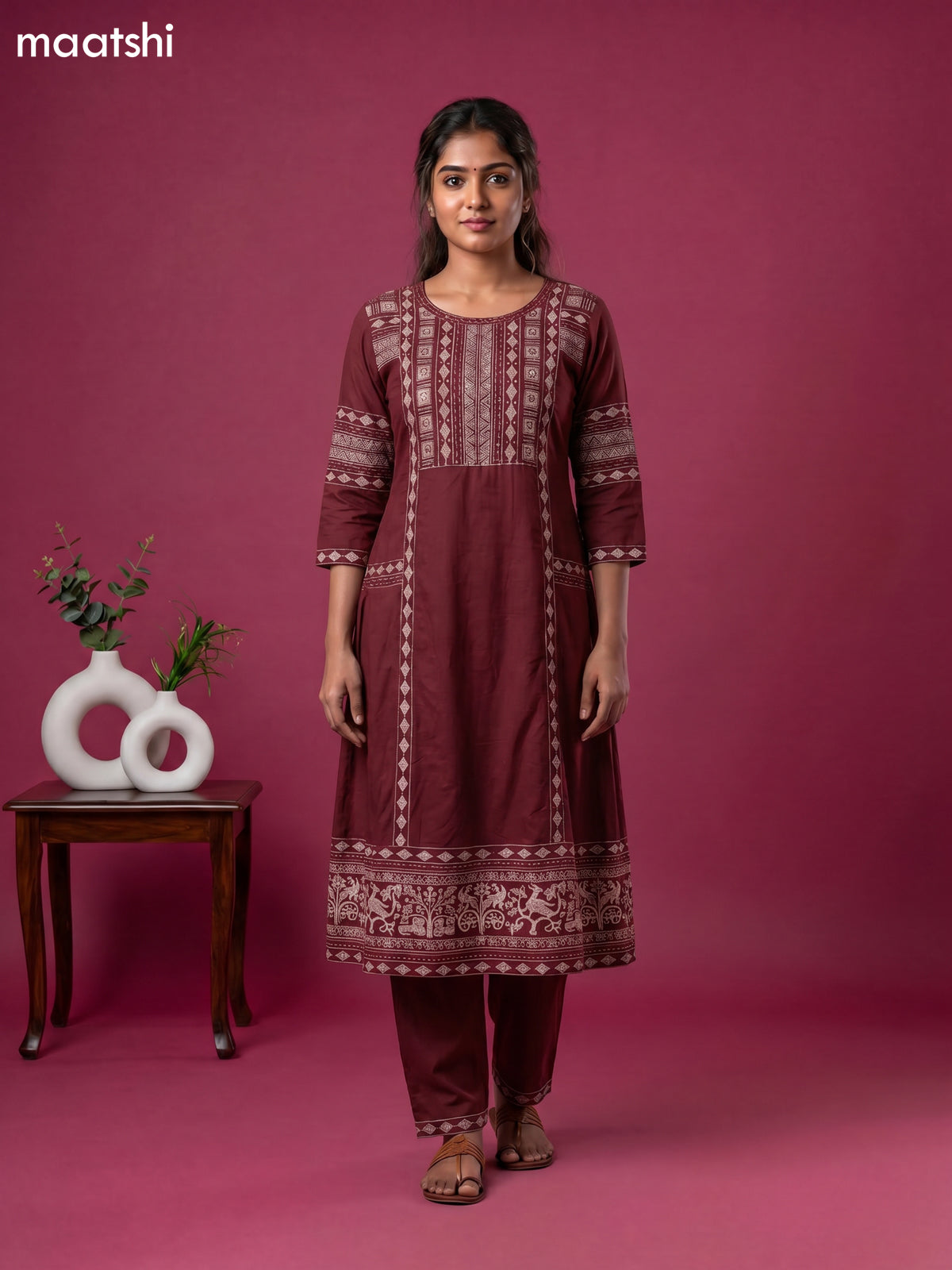 Maroon Cotton Printed & Embroidery Work Anarkali Suit