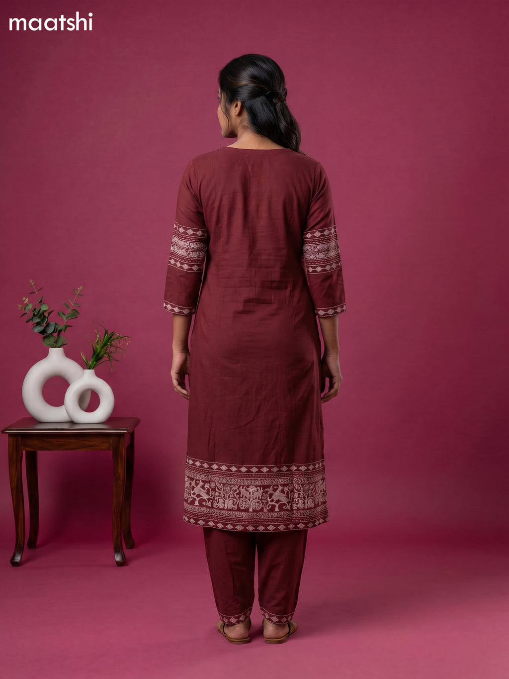 Maroon Cotton Printed & Embroidery Work Anarkali Suit
