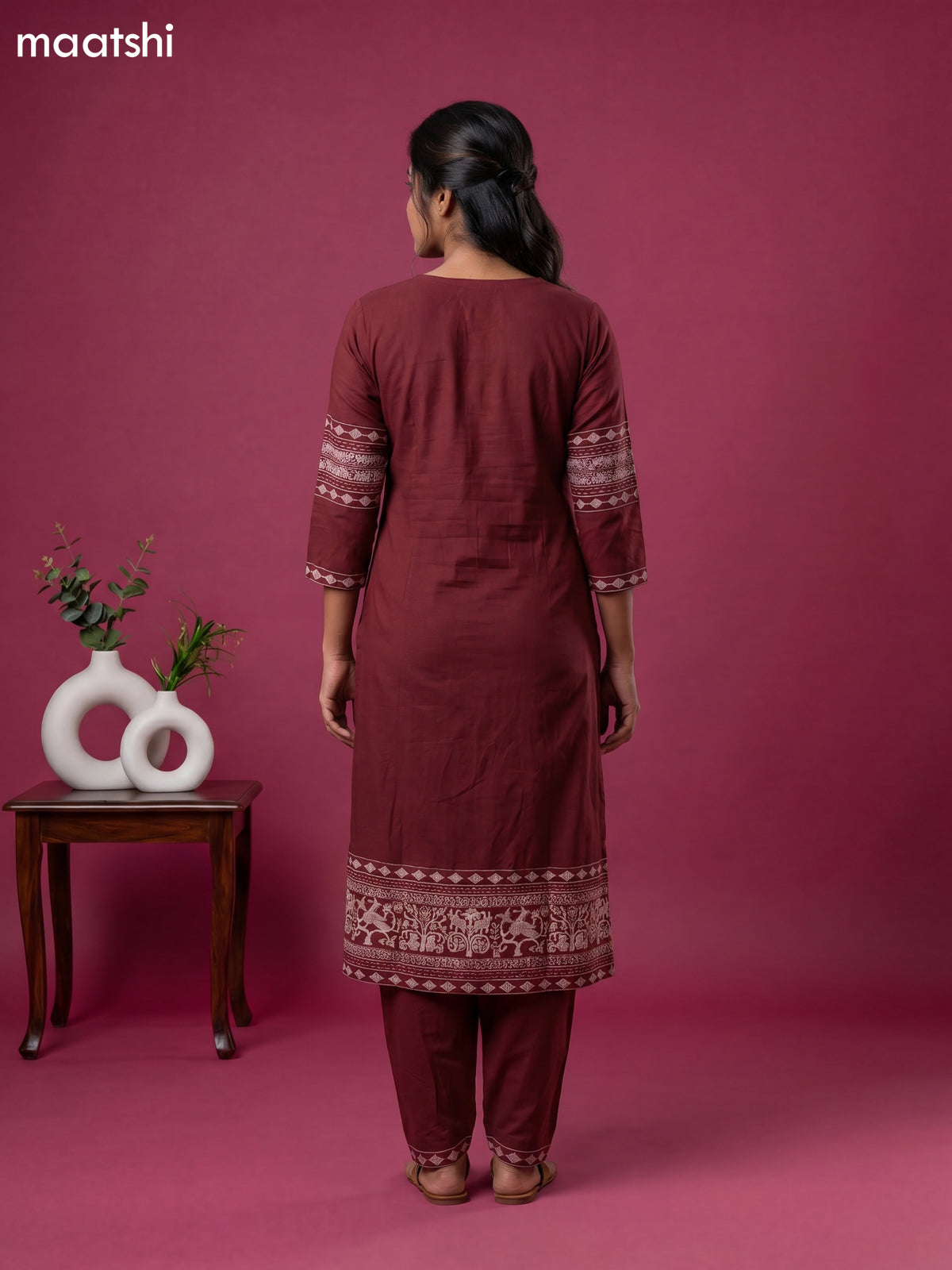 Maroon Cotton Printed & Embroidery Work Anarkali Suit