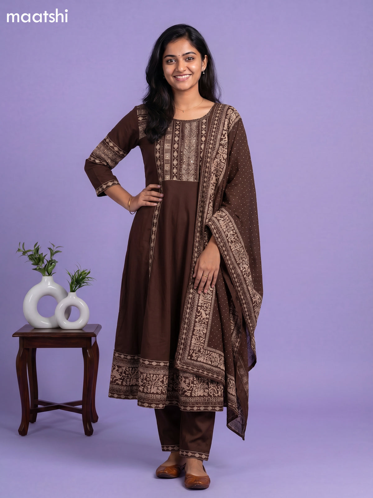 Deep Coffee Brown Cotton Printed & Embroidery Work Anarkali Suit