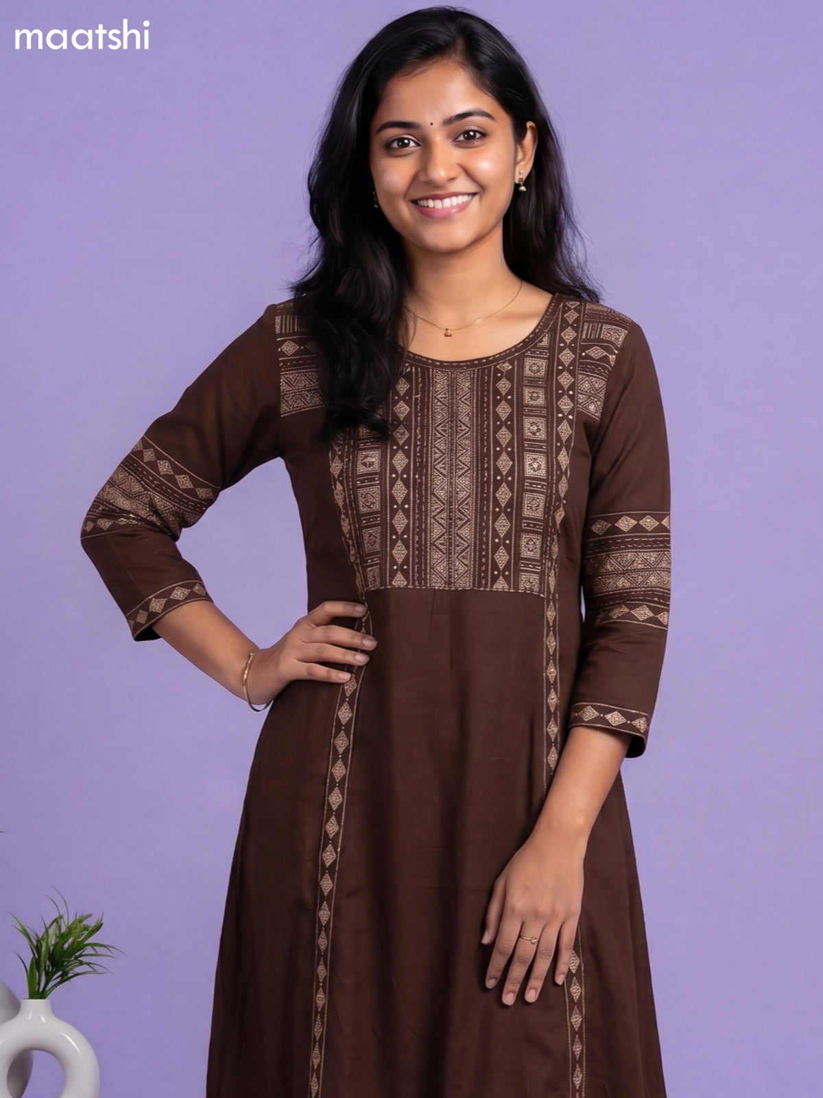 Deep Coffee Brown Cotton Printed & Embroidery Work Anarkali Suit