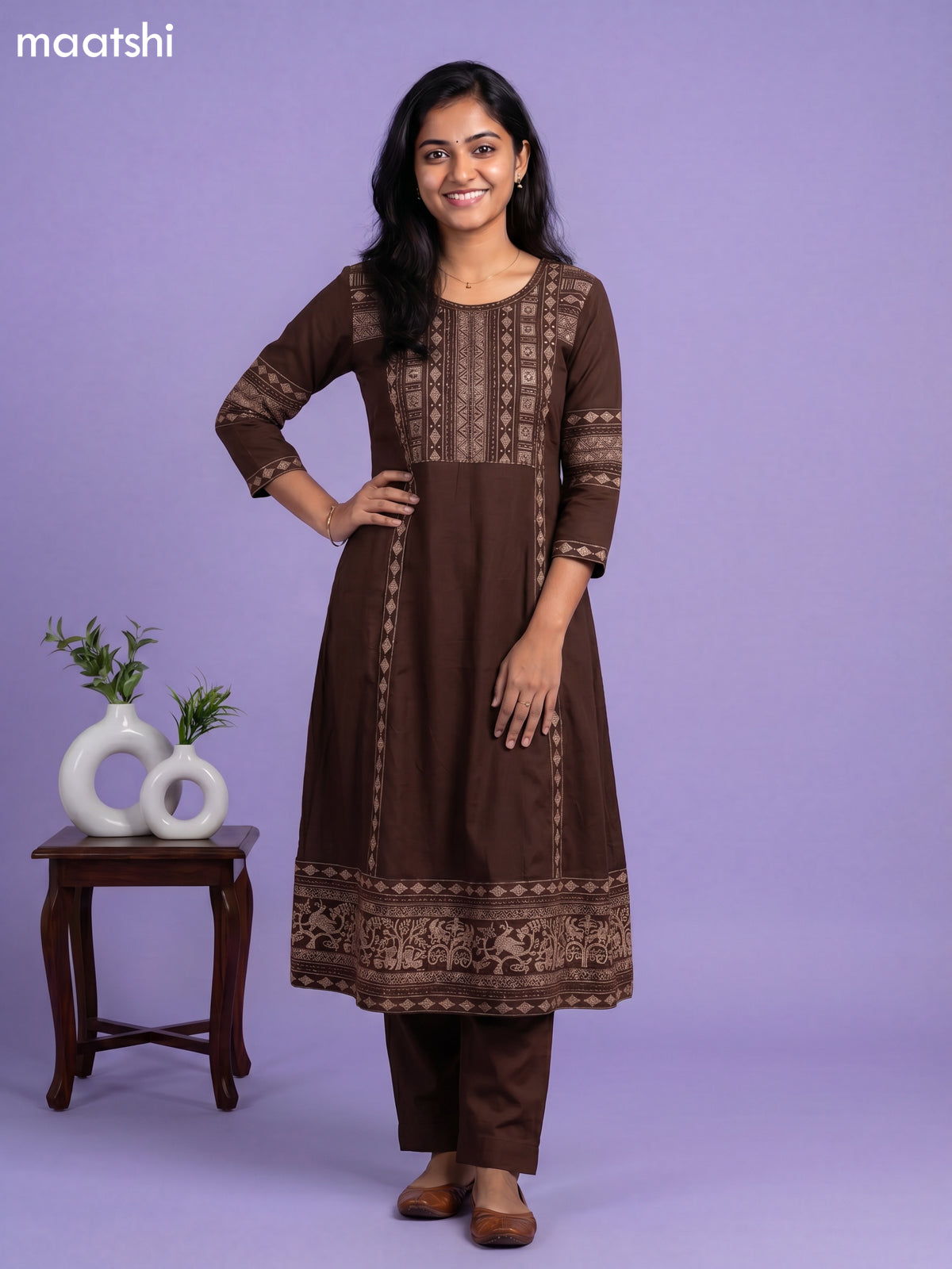 Deep Coffee Brown Cotton Printed & Embroidery Work Anarkali Suit