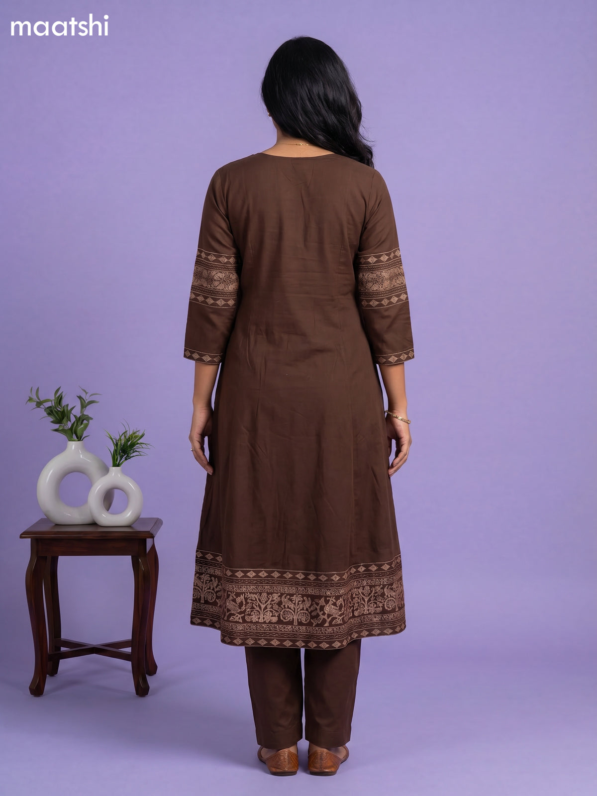 Deep Coffee Brown Cotton Printed & Embroidery Work Anarkali Suit