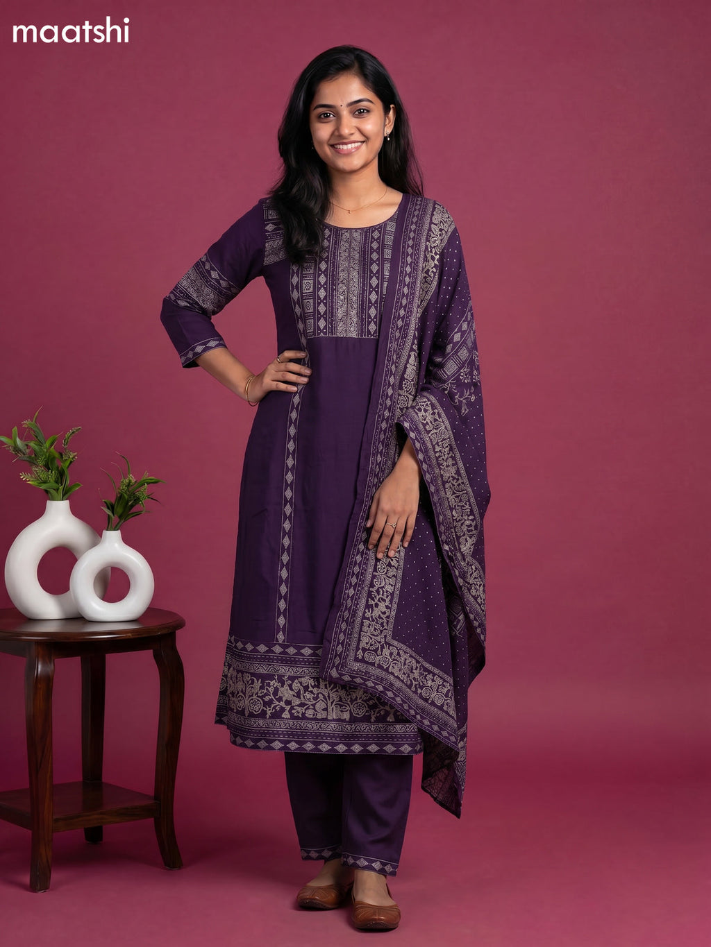 Purple Cotton Printed & Embroidery Work Anarkali Suit