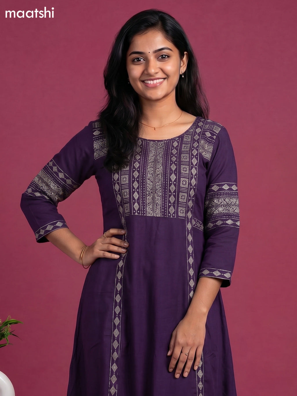 Purple Cotton Printed & Embroidery Work Anarkali Suit