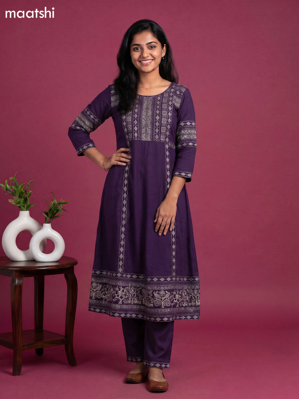 Purple Cotton Printed & Embroidery Work Anarkali Suit