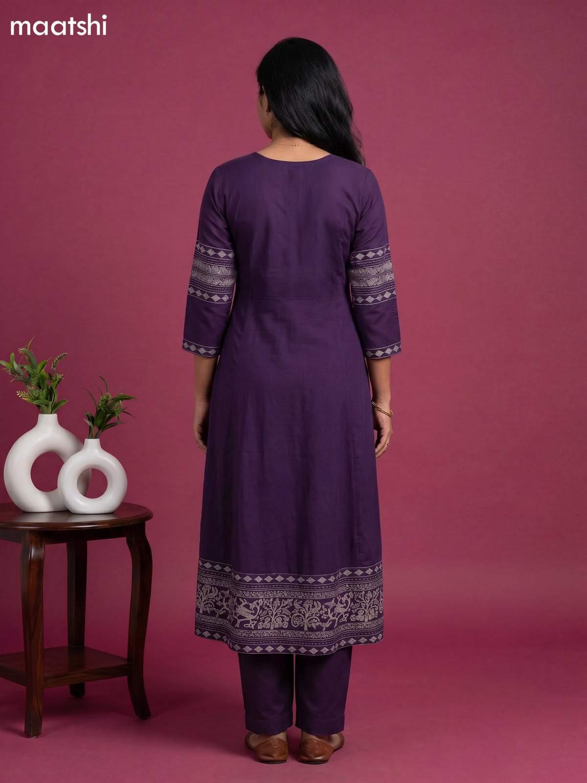 Purple Cotton Printed & Embroidery Work Anarkali Suit
