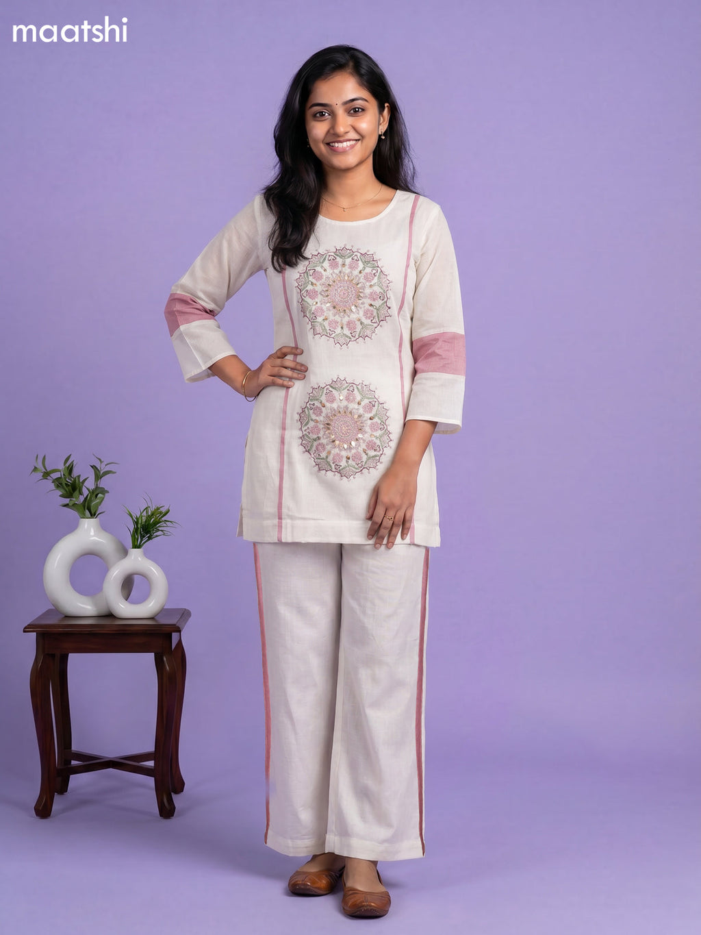 Cream and Peach Cotton Embroidery Work Short Co-Ord Set