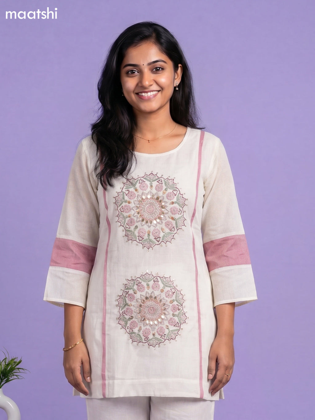 Cream and Peach Cotton Embroidery Work Short Co-Ord Set