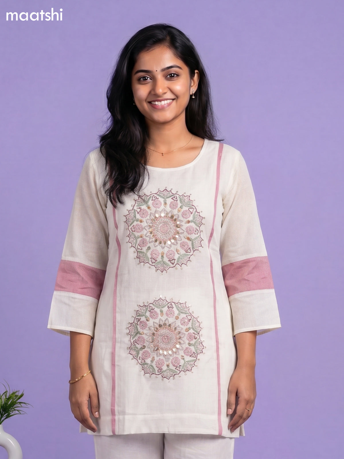 Cream and Peach Cotton Embroidery Work Short Co-Ord Set